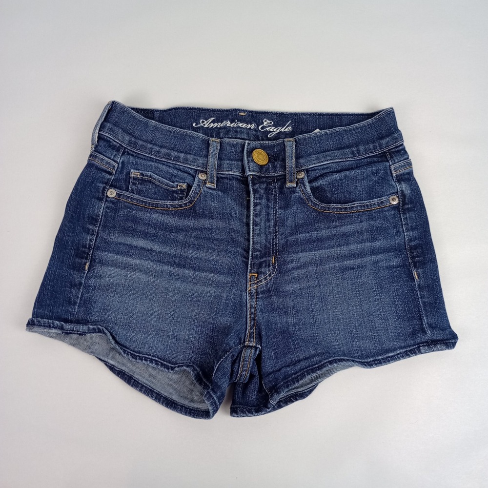 American Eagle Womens 2 Blue Stretch Denim Mid Rise Casual Summer Jean Shorts